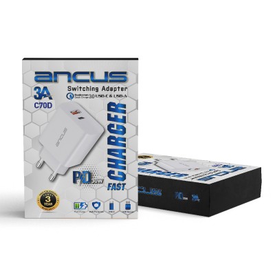 Φορτιστής Ταξιδίου Switching Ancus Supreme Series C70D Dual Fast Charge με USB/USB-C Έξοδο QC3.0 PD30W Λευκό