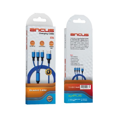 Καλώδιο Φόρτισης Ancus Flow Plus E54 USB 3 σε 1 Micro-USB, USB-C, Lightning 2.0A με  Braided Καλώδιο Μπλε 1m. Με 5 Χρονια Εγγύηση