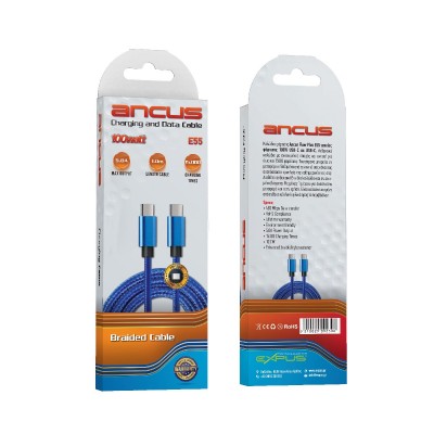 Καλώδιο Σύνδεσης και Φόρτισης Ancus Flow Plus E55 Fast Charge USB-C σε USB-C 5.0A PD100W με Braided Καλώδιο Μπλέ 1m. Με 5 Χρονια Εγγύηση