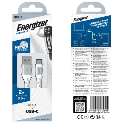 Καλώδιο σύνδεσης Energizer Metal / Braided Nylon USB-A σε USB-C Λευκό 2m