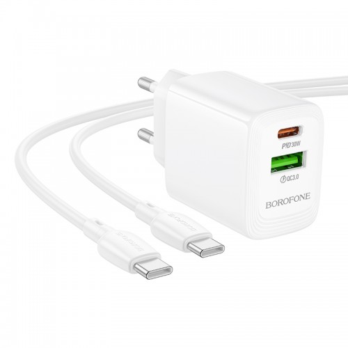 Φορτιστής Ταξιδίου Borofone BN29 Fuente GaN με 1xUSB-C PD30W και 1xUSB-A QC3.0A + Καλώδιο Φόρτισης USB-C σε USB-C Λευκός