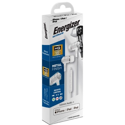 Hands Free Energizer UIL35WH Metal Stereo 3.5mm  με Αντάπτορα Lightning Apple Certified MFi σε 3.5mm και Πλήκτρα Λειτουργίας 1.2m Λευκό