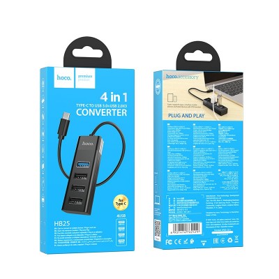 Hub USB-C Hoco HB25 4 in 1 Easy display USB-C σε USB3.0 x 1 και USB2.0 x 3 Μαύρο Hub USB-C Hoco HB25 4 in 1 Easy display USB-C σε USB3.0 x 1 και USB2.0 x 3 Μαύρο