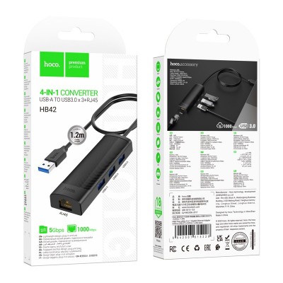 Hub USB Hoco HB42 Easy Safety 4-in-1 USB σε 3xUSB 3.0 5Gbps και RJ45 1000Mbps Μαύρο 1.2m Hub USB Hoco HB42 Easy Safety 4-in-1 USB σε 3xUSB 3.0 5Gbps και RJ45 1000Mbps Μαύρο 1.2m