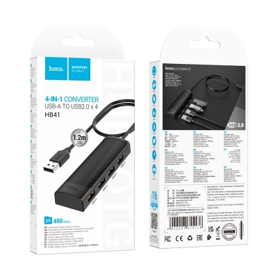 Hub USB Hoco HB41 Easy Safety 4-in-1 USB2.0 σε 4xUSB2.0 480Mbps 5V/3A Μαύρο 1.2m Hub USB Hoco HB41 Easy Safety 4-in-1 USB2.0 σε 4xUSB2.0 480Mbps 5V/3A Μαύρο 1.2m