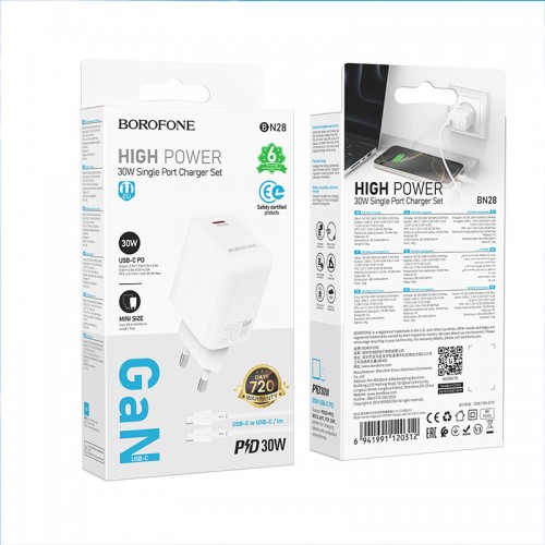 Φορτιστής Ταξιδίου Borofone BN28 Fuente GaN USB-C PD30W Mini Size + Καλώδιο Φόρτισης USB-C σε USB-C Λευκός