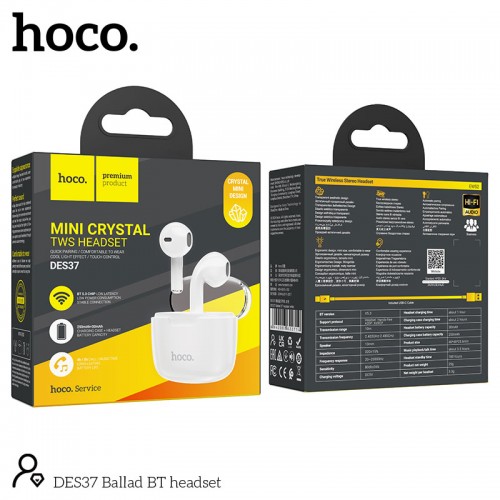 Wireless Hands Free Hoco. DES37 Ballad TWS V5.3 250mAh 3.5 Ώρες Λειτουργίας με Πλήκτρο Ελέγχου και Συμβατό με Siri Λευκά