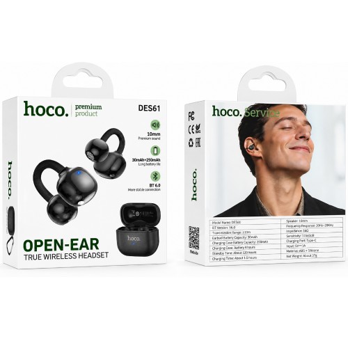 Wireless Hands Free Open-Ear Hoco. DES61 Cool TWS v6.0 250mAh 6h Ώρες Λειτουργίας Μαύρα με Μαύρο Silicon Sleeve