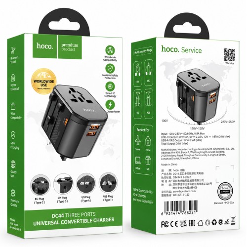 Φορτιστής Ταξιδίου Hoco. DC44 Universal Converter US EU AU UK με 2xUSB-A 1xUSB-C PD20W Μαύρος