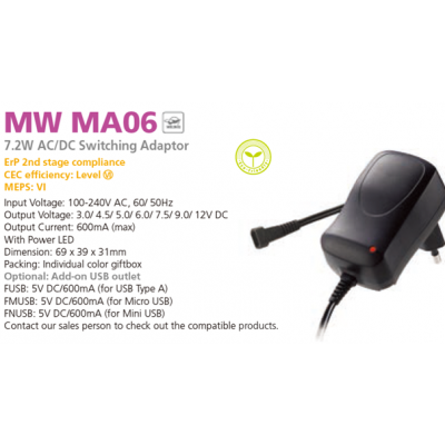 MW-MA-06/7,2W ΤΡΟΦΟΔΟΤΙΚΟ 3/4,5/5/6/7,5/9/12V 600mA (MW-3N06) MINWA MW-MA-06/7,2W ΤΡΟΦΟΔΟΤΙΚΟ 3/4,5/5/6/7,5/9/12V 600mA (MW-3N06) MINWA