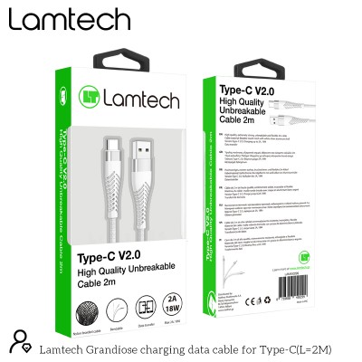 LAMTECH TYPE-C V2,0 HIGH QUALITY UNBREAKABLE CABLE SILVER 2M