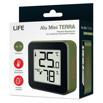LIFE ALU MINI TERRA, Ψηφιακό θερμόμετρο και υγρόμετρο εσωτερικού χώρου LIFE ALU MINI TERRA, Ψηφιακό θερμόμετρο και υγρόμετρο εσωτερικού χώρου