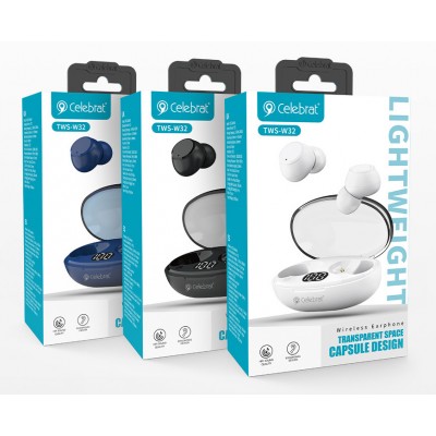 CELEBRAT earphones με θήκη φόρτισης TWS-W32, True Wireless, λευκά