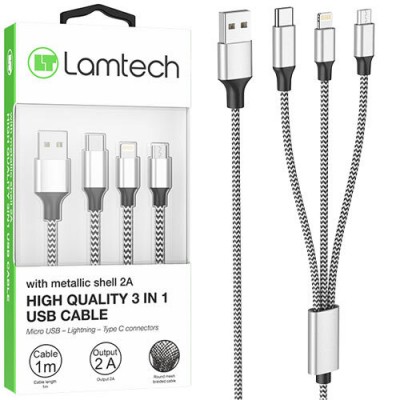LAMTECH HIGH QUALITY 3 IN 1 USB CABLE WITH METALLIC SHELL SILVER 1M