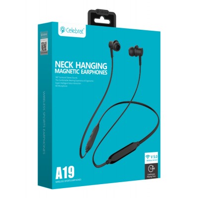 CELEBRAT earphones A19 με μαγνήτη, Bluetooth 5.0, 10mm, μικρόφωνο HD, μαύρα