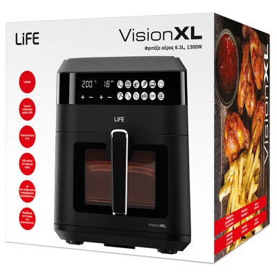 LiFE VISION XL, Φριτέζα αέρος 6.3L, με ψηφιακή οθόνη LED, γυάλινο παράθυρο και φωτιζόμενο κάδο, 1300W