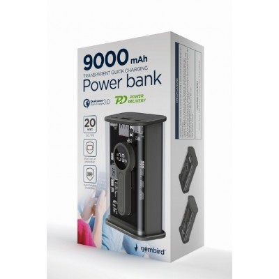 GEMBIRD TRANSPARENT QC3.0 QUICK CHARGING POWER BANK 9000MAH BLACK