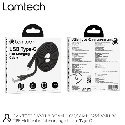 LAMTECH TYPE-C FLAT CHARGING CABLE 1M BLACK