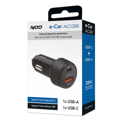 NOD E-CAR AC38 Universal φορτιστής αυτοκινήτου USB-A QC3.0 & USB-C PD3.0 38W