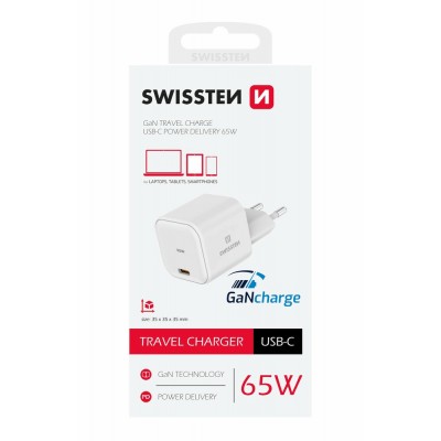 SWISSTEN ΦΟΡΤΙΣΤΗΣ  TRAVEL GaN 1x USB-C 65W PD ΛΕΥΚΟ