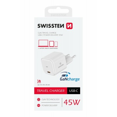 SWISSTEN ΦΟΡΤΙΣΤΗΣ TRAVEL GaN 1x USB-C 45W PD  ΛΕΥΚΟ