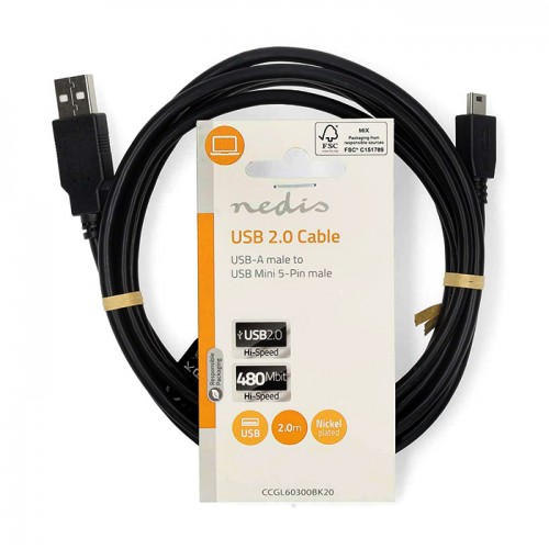 Καλώδιο USB High-Speed A αρσ. - Mini USB 5-pin αρσ., 2.00m σε μαύρο χρώμα.