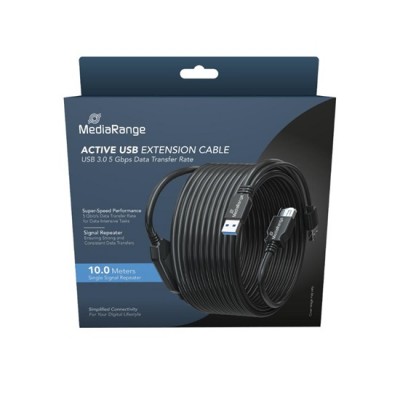 MediaRange Active USB Extension Cable, 2x USB-A Plug to 1x USB-A Socket, 1x Repeater, USB 3.0, 5 Gbps Data Transfer Rate, 10m, Black (MRCS243)