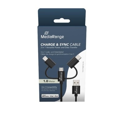 MediaRange 3-in-1 Charge and Sync Cable, micro USB, USB Type-C® and Apple Lightning® Connectors, USB 2.0 480 Mbps, 12W max., 1.0m, Black (MRCS246)