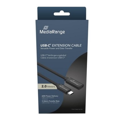 MediaRange USB Type-C® Extension Cable, Plug to Socket, USB 3.2 Gen 1x1 5 Gbps, USB-C Power Delivery enabled 60W max., 2.0m, Black (MRCS245)