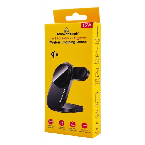 POWERTECH ασύρματος φορτιστής PT-1491, 3 σε 1, Qi2, 15W, μαύρος